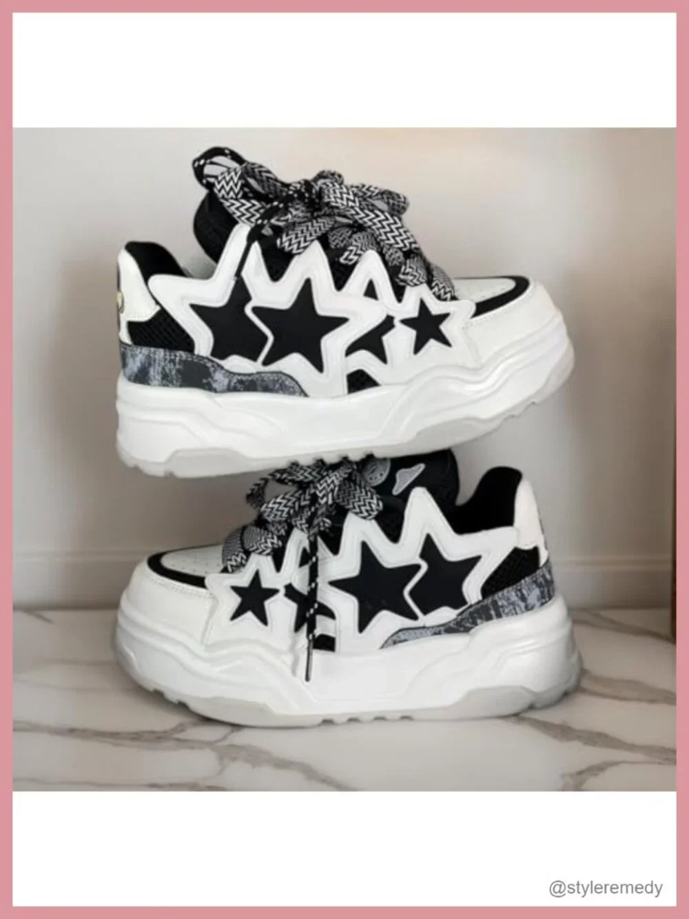 Women Chunky Sneakers Star Decor Dad Shoes Lace-Up Mesh Faux Leather Platform